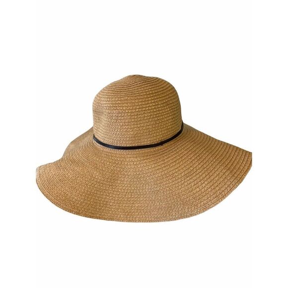 Womens Large Tan Floppy Folding Wide 5” Brim Straw Sun Beach Hat Rue 21 Etc! OS - Picture 2 of 8